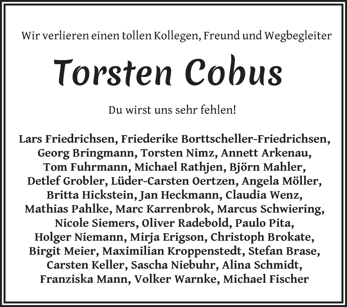 Traueranzeige von Torsten Cobus von WESER-KURIER