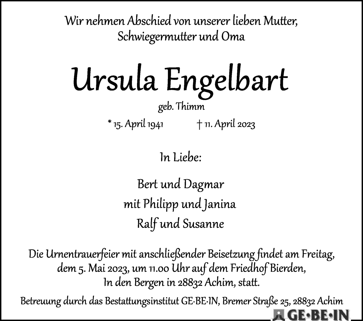 Traueranzeige von Ursula Engelbart von WESER-KURIER