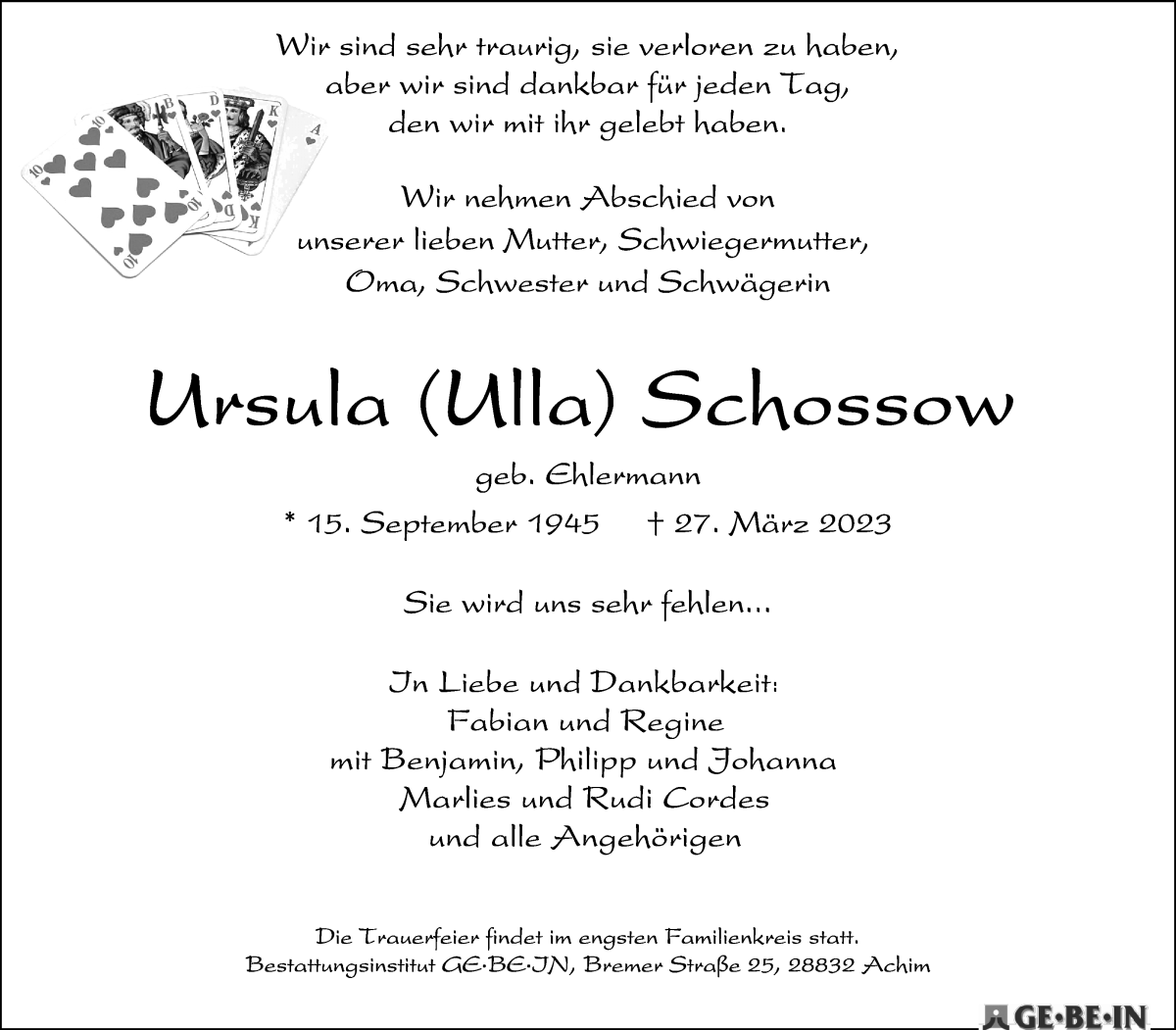 Traueranzeige von Ursula Schossow von WESER-KURIER