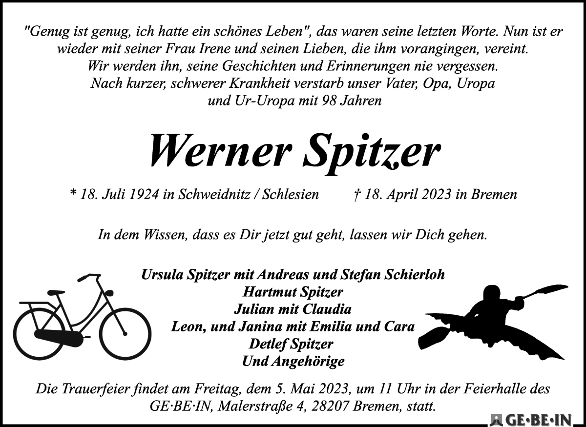 Traueranzeige von Werner Spitzer von WESER-KURIER