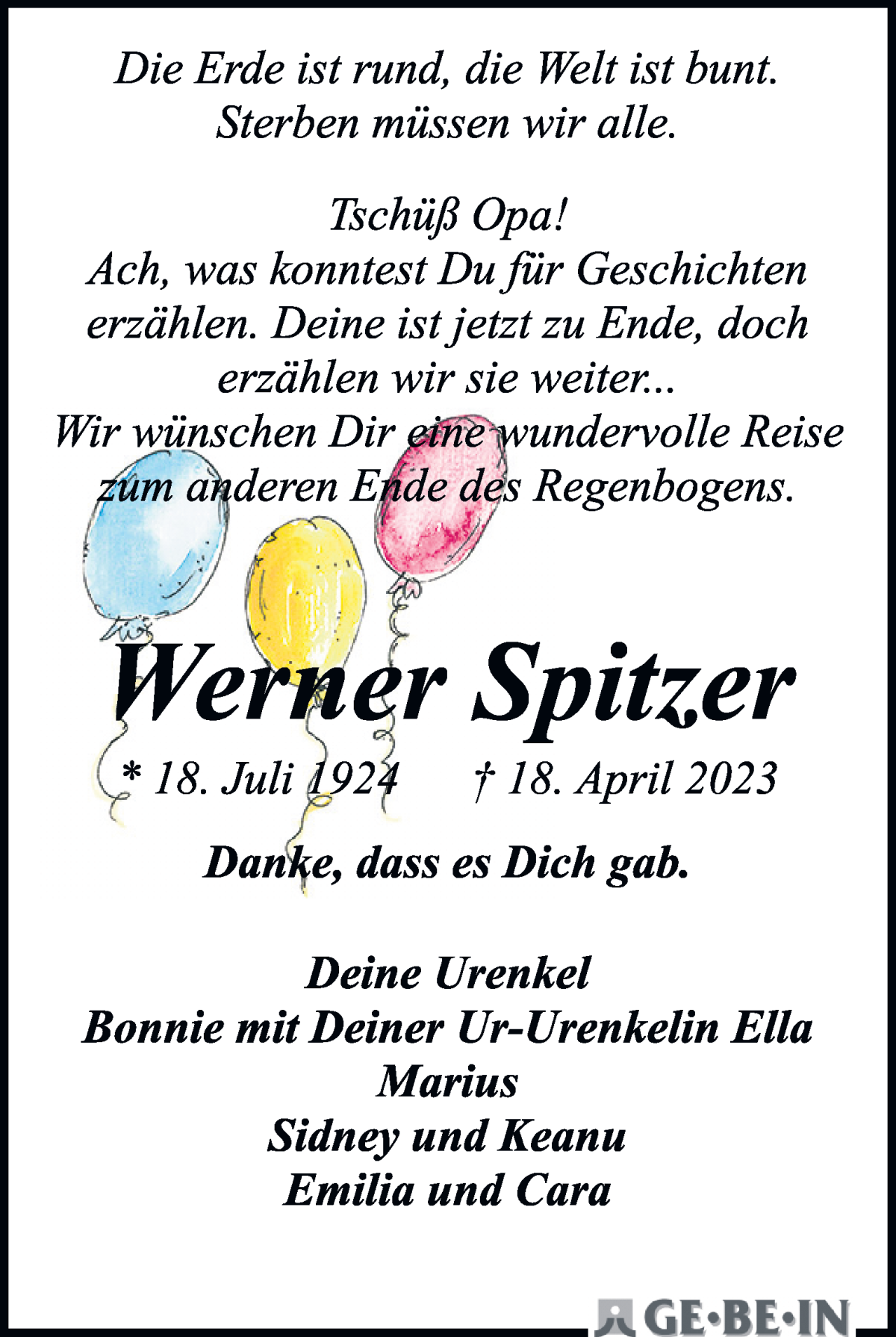 Traueranzeige von Werner Spitzer von WESER-KURIER