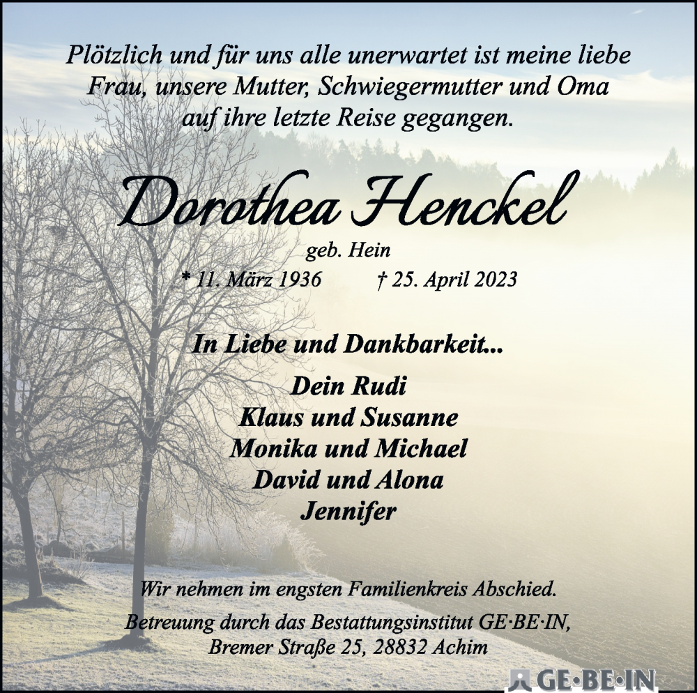 Traueranzeige von Dorothea Henckel von Achimer Kurier/Verdener Nachrichten
