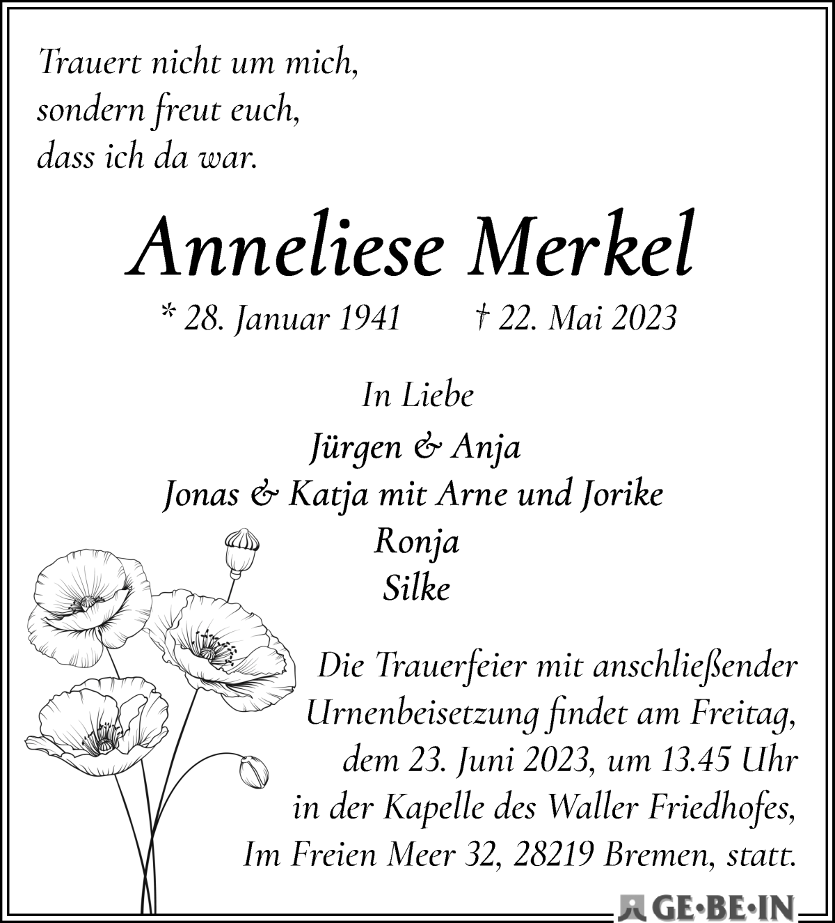 Traueranzeige von Anneliese Merkel von WESER-KURIER