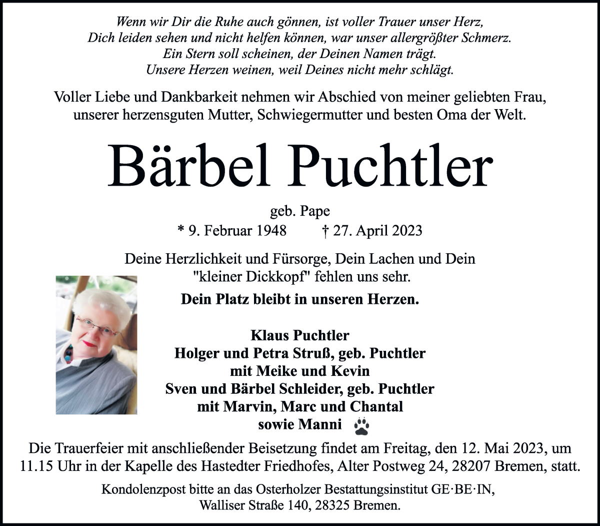 Traueranzeige von Bärbel Puchtler von WESER-KURIER