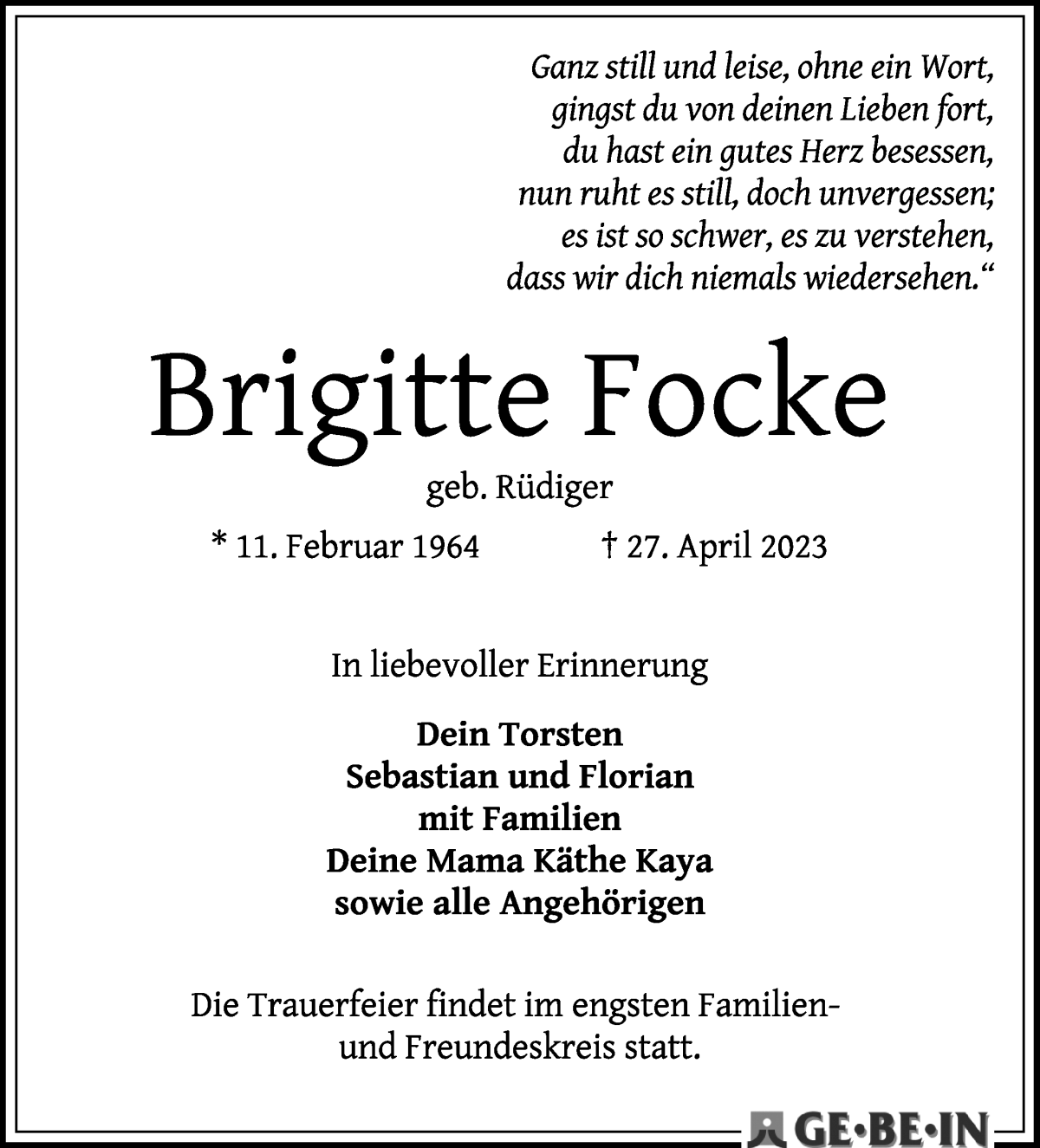 Traueranzeige von Brigitte Focke von WESER-KURIER