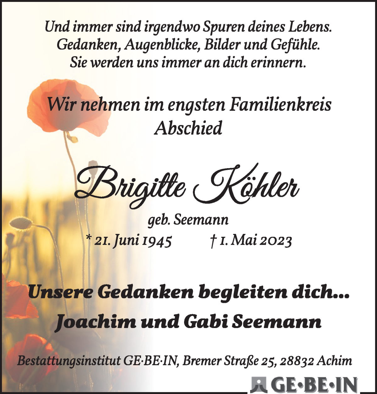 Traueranzeige von Brigitte Köhler von WESER-KURIER