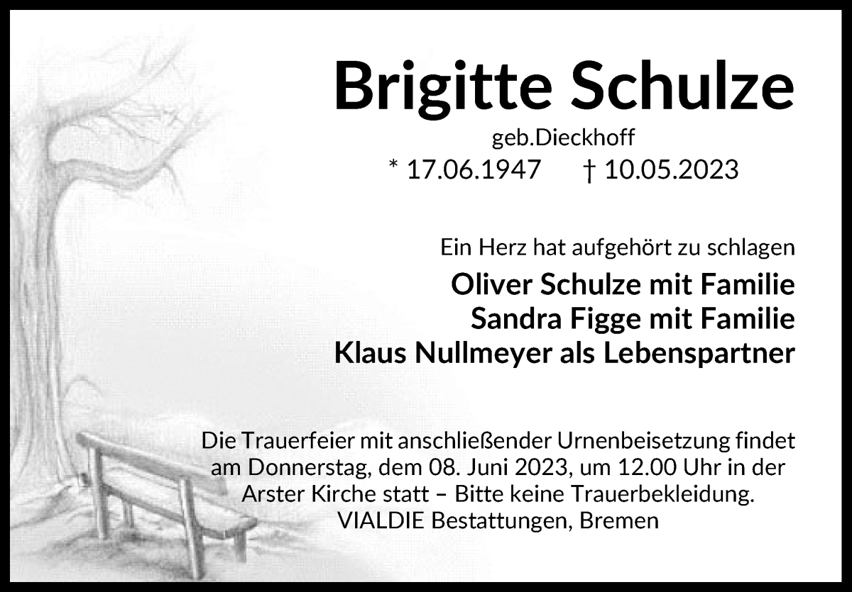 Traueranzeige von Brigitte Schulze von WESER-KURIER