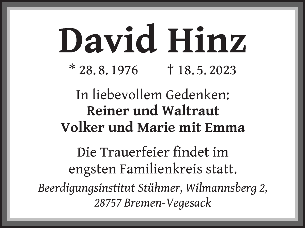 Traueranzeige von David Hinz von Die Norddeutsche