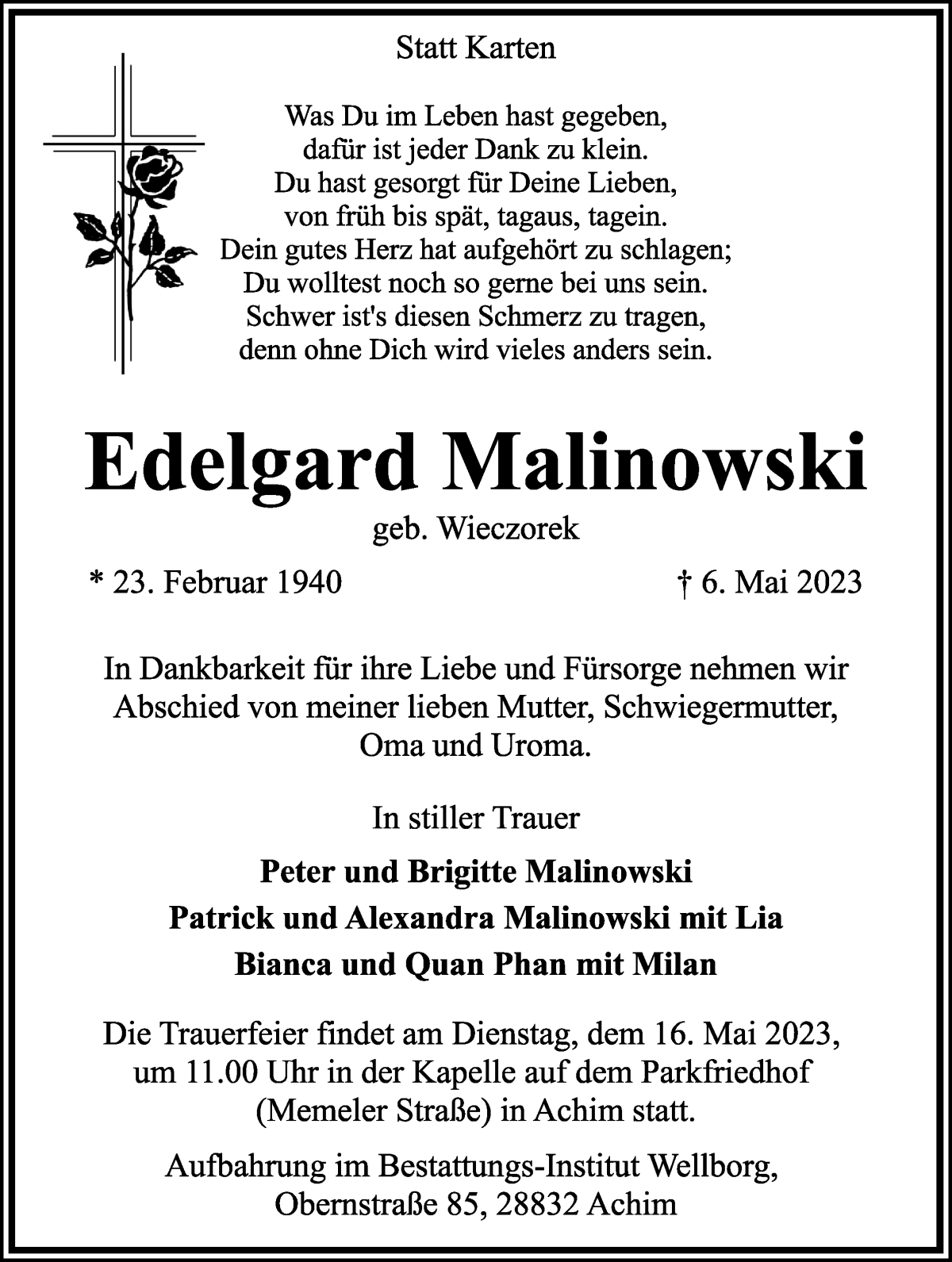 Traueranzeige von Edelgard Malinowski von WESER-KURIER
