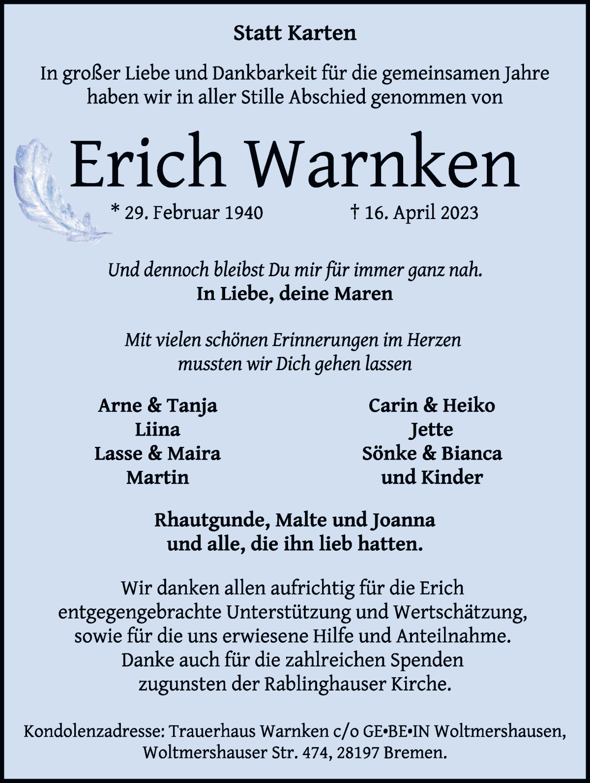 Traueranzeige von Erich Warnken von WESER-KURIER