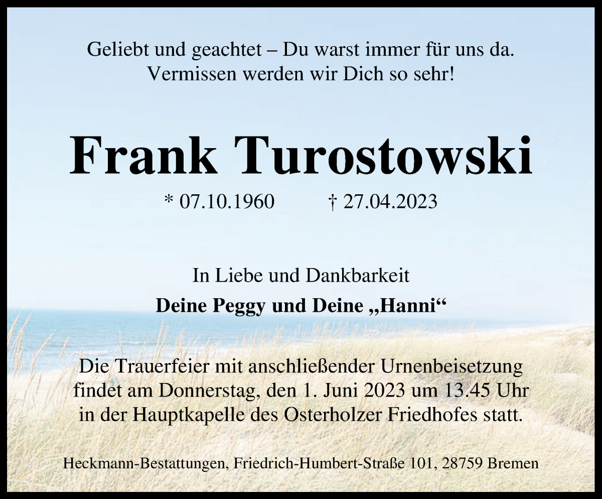 Traueranzeige von Frank Turostowski von WESER-KURIER