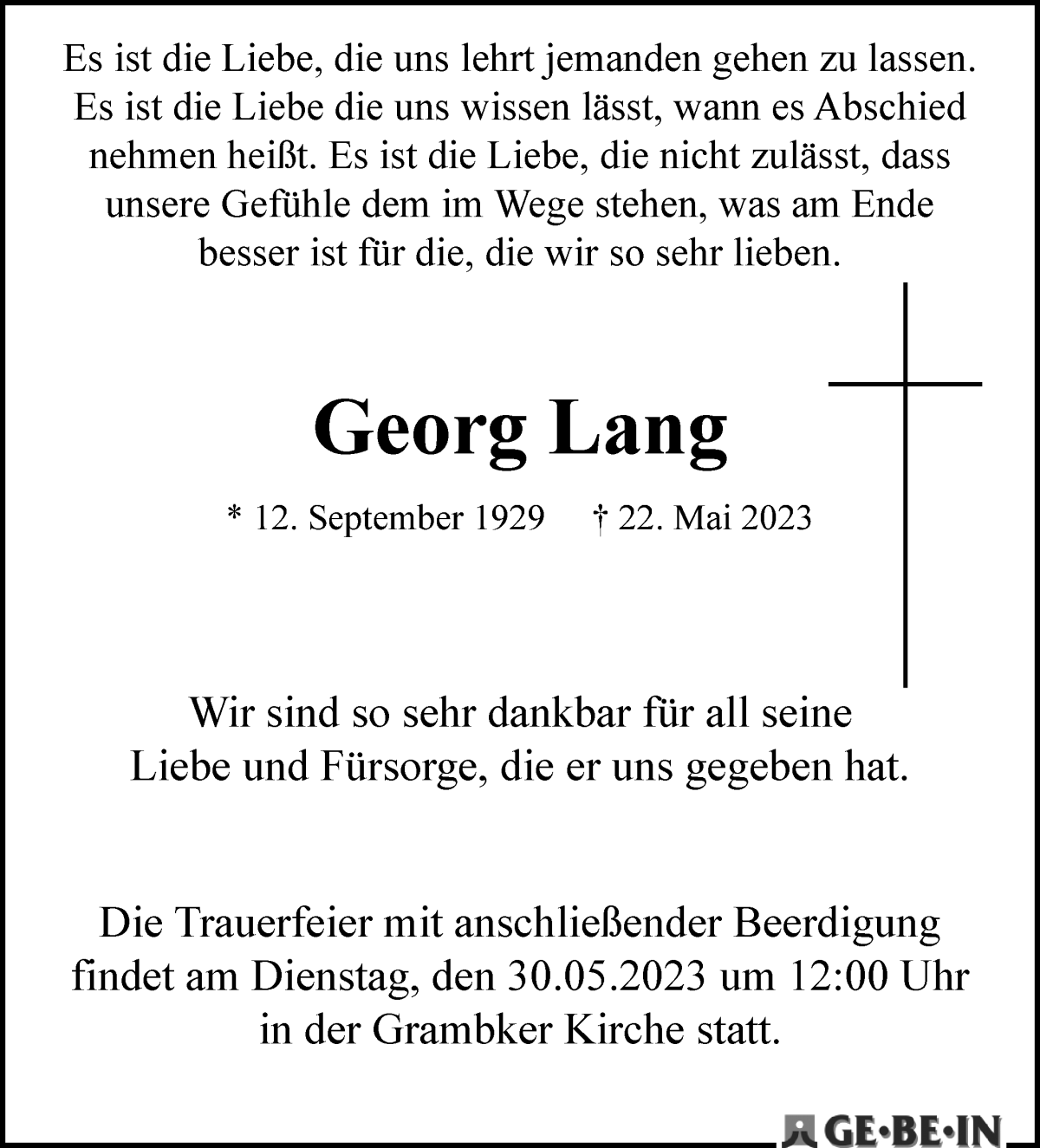 Traueranzeige von Georg Lang von WESER-KURIER