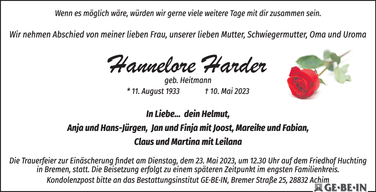 Traueranzeige von Hannelore Harder von WESER-KURIER