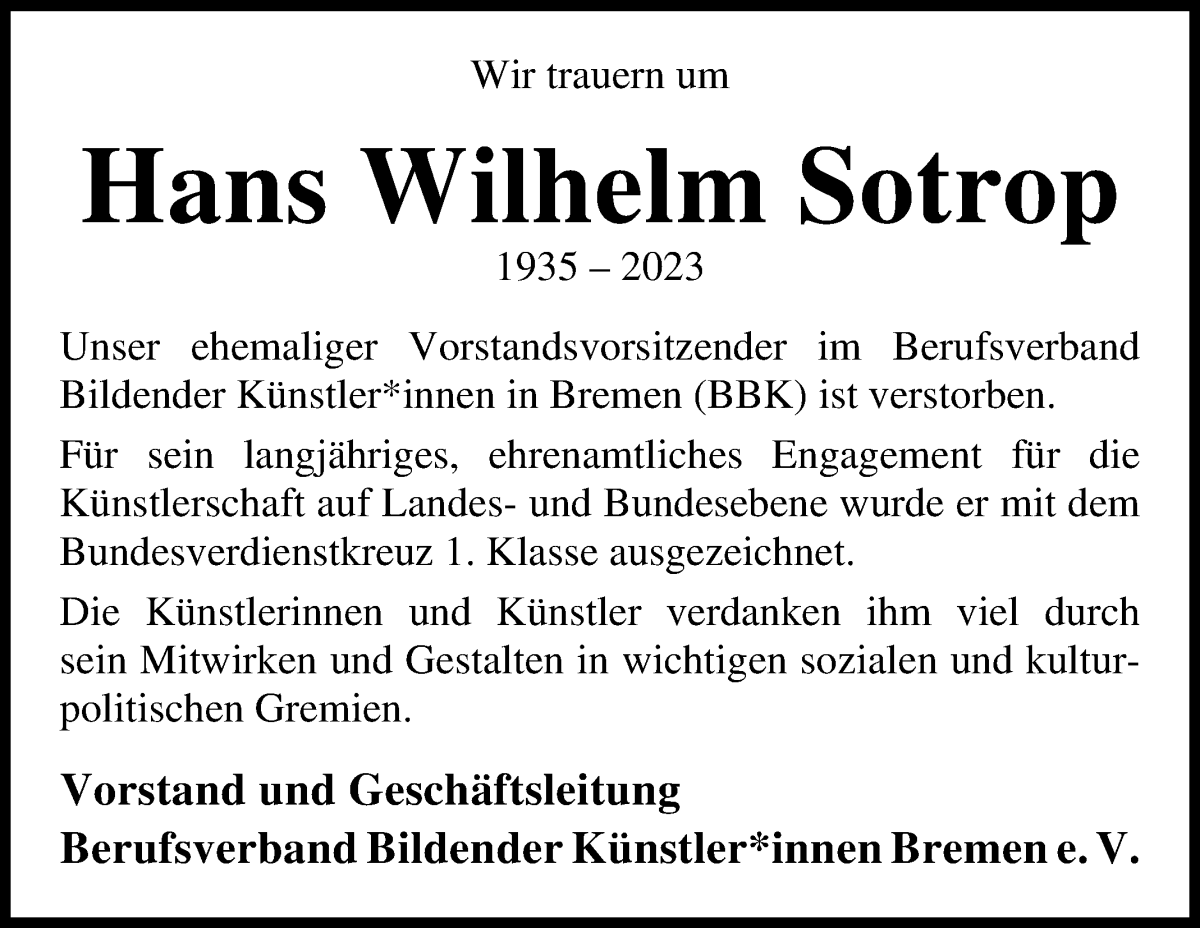 Traueranzeige von Hans Wilhelm Sotrop von WESER-KURIER
