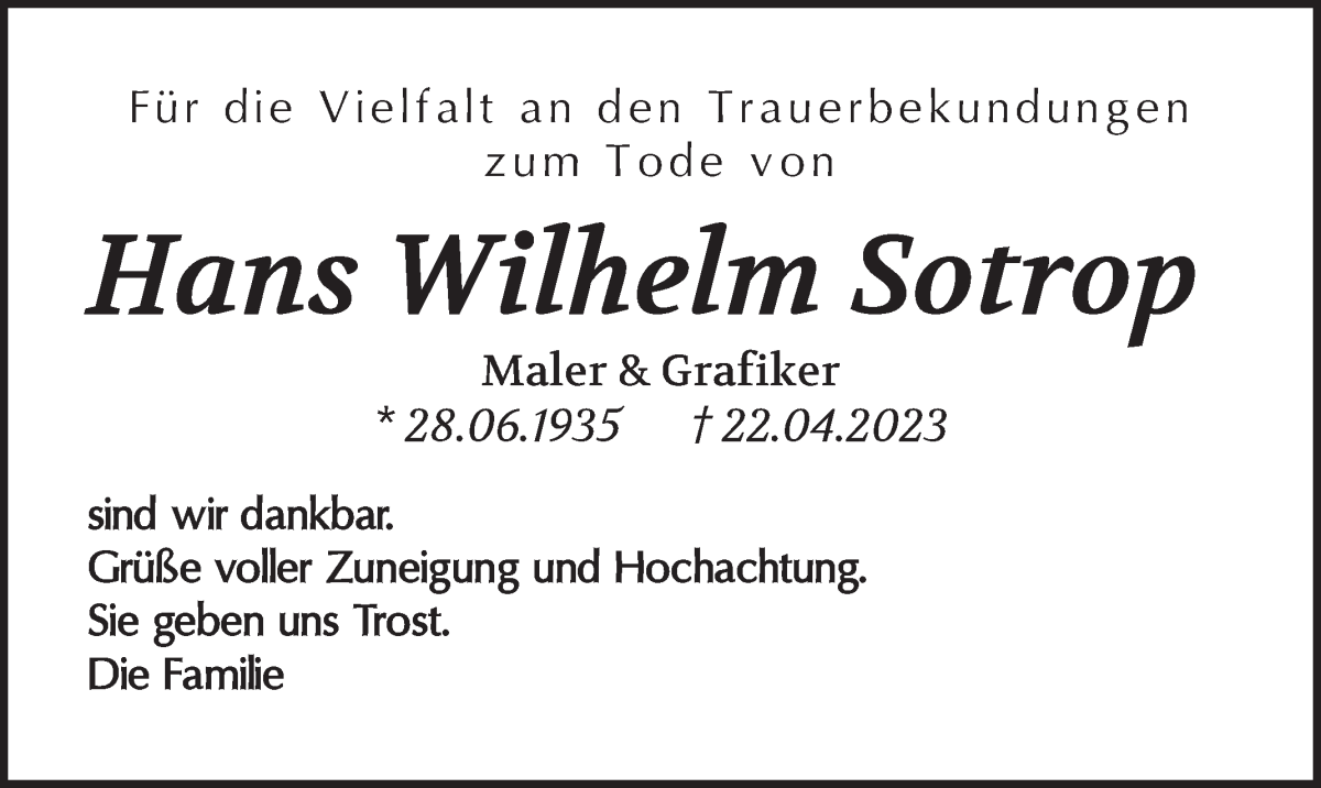 Traueranzeige von Hans Wilhelm Sotrop von WESER-KURIER