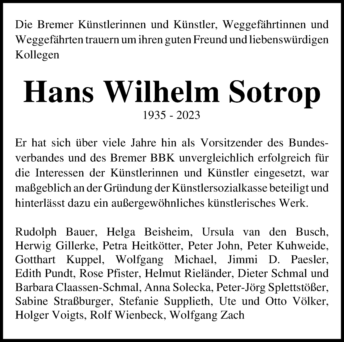 Traueranzeige von Hans Wilhelm Sotrop von WESER-KURIER