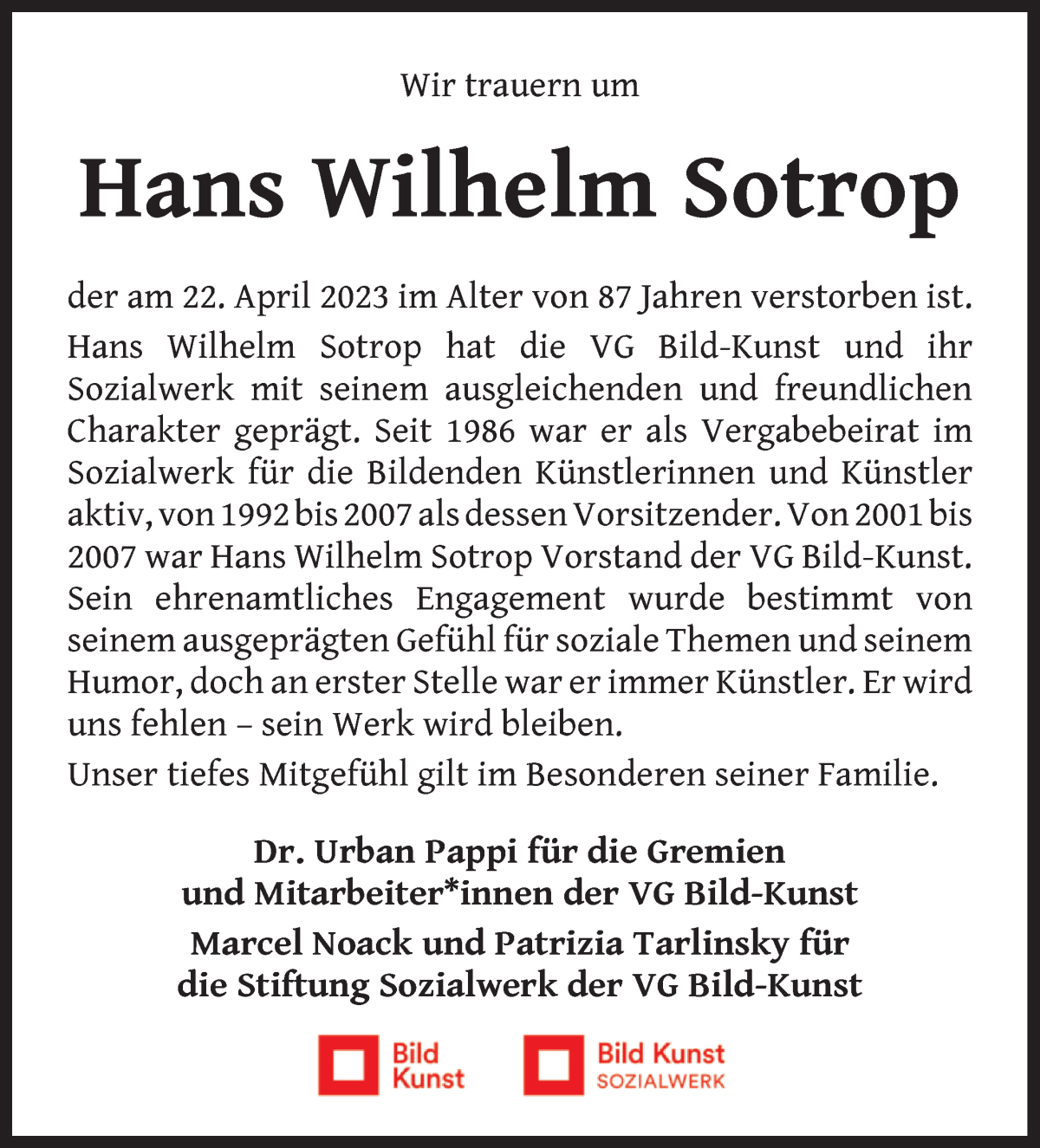 Traueranzeige von Hans Wilhelm Sotrop von WESER-KURIER