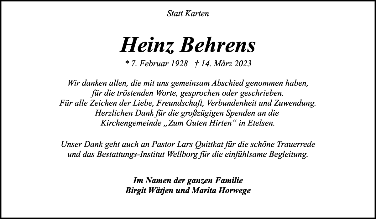Traueranzeige von Heinz Behrens von WESER-KURIER