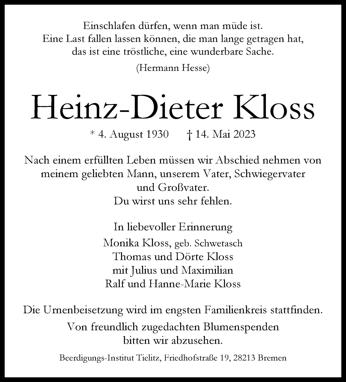 Traueranzeige von Heinz-Dieter Kloss von WESER-KURIER
