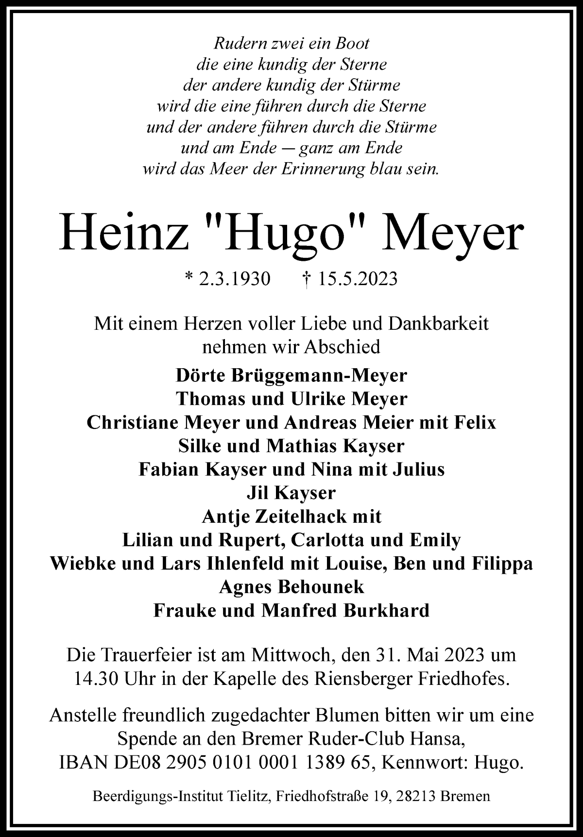 Traueranzeige von Heinz Hugo Meyer von WESER-KURIER