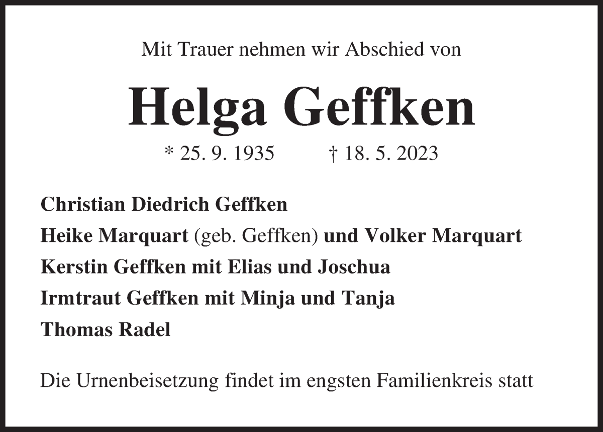 Traueranzeige von Helga Geffken von Wuemme Zeitung