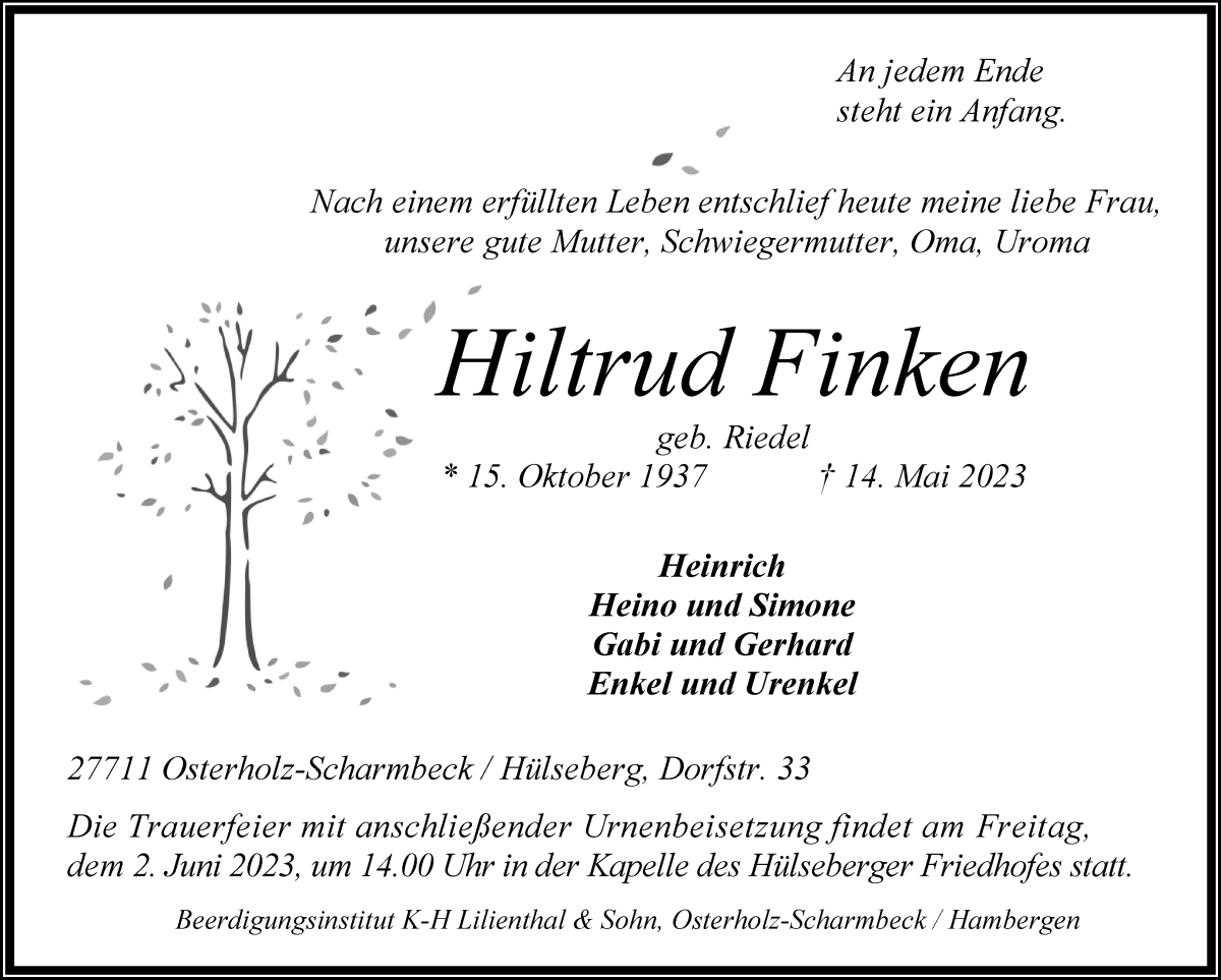 Traueranzeige von Hiltrud Finken von Osterholzer Kreisblatt