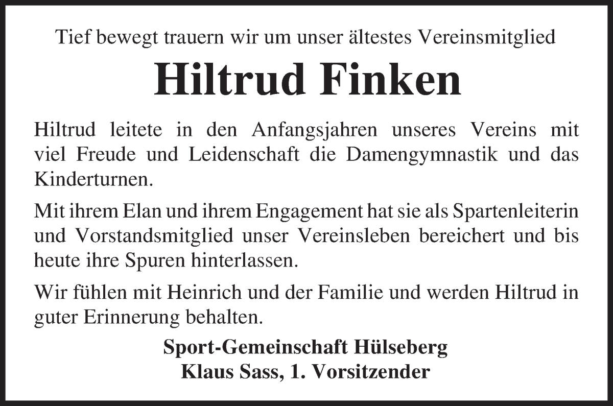 Traueranzeige von Hiltrud Finken von Osterholzer Kreisblatt