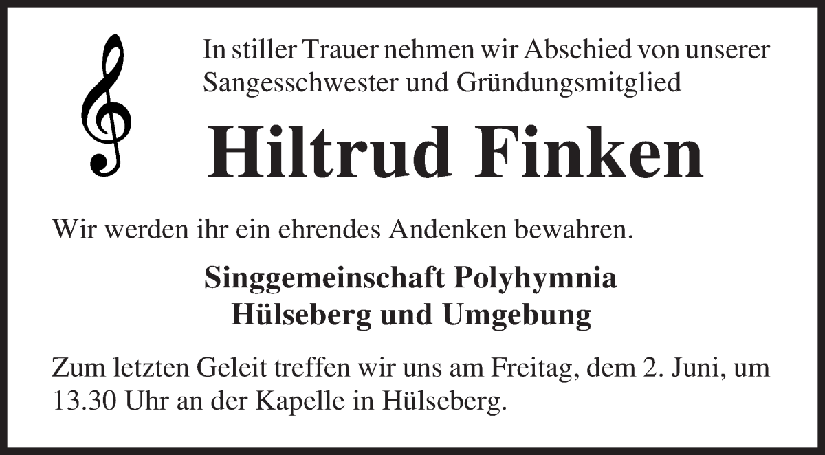 Traueranzeige von Hiltrud Finken von Osterholzer Kreisblatt