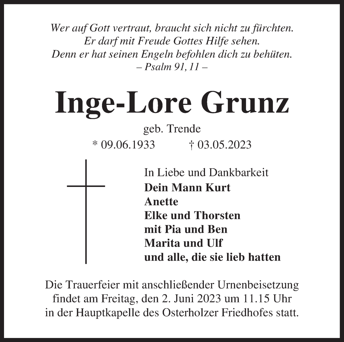 Traueranzeige von Inge-Lore Grunz von WESER-KURIER