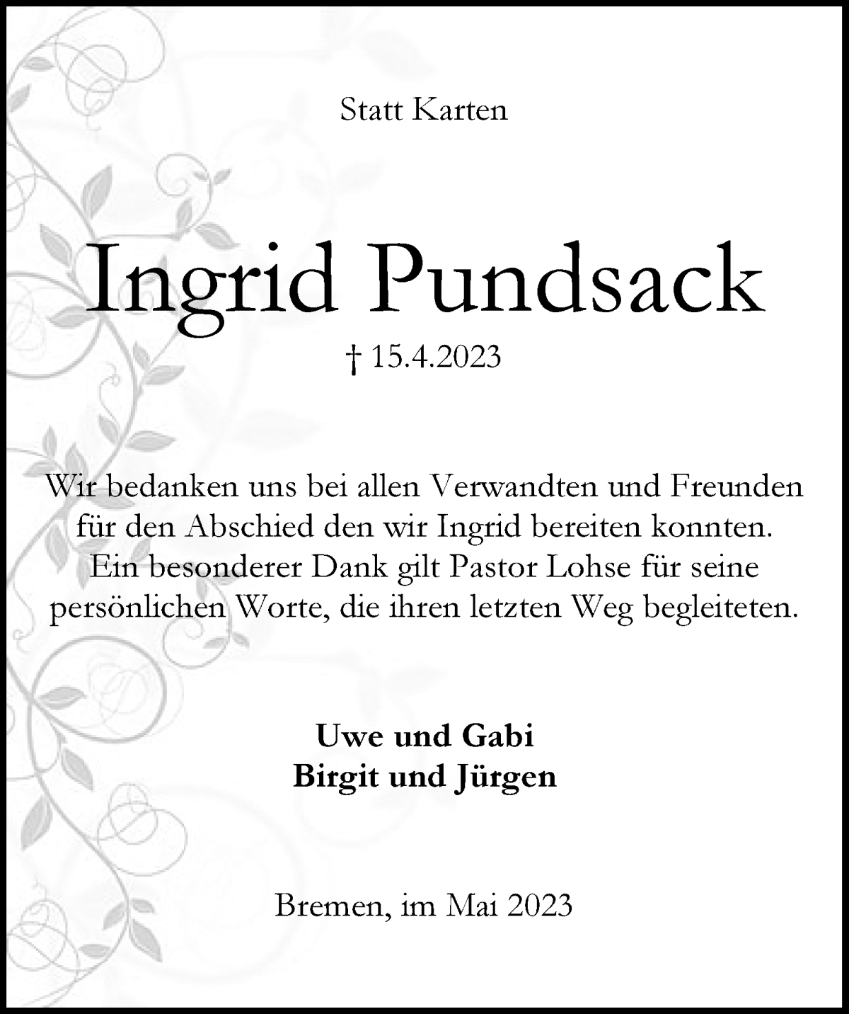Traueranzeige von Ingrid Pundsack von WESER-KURIER