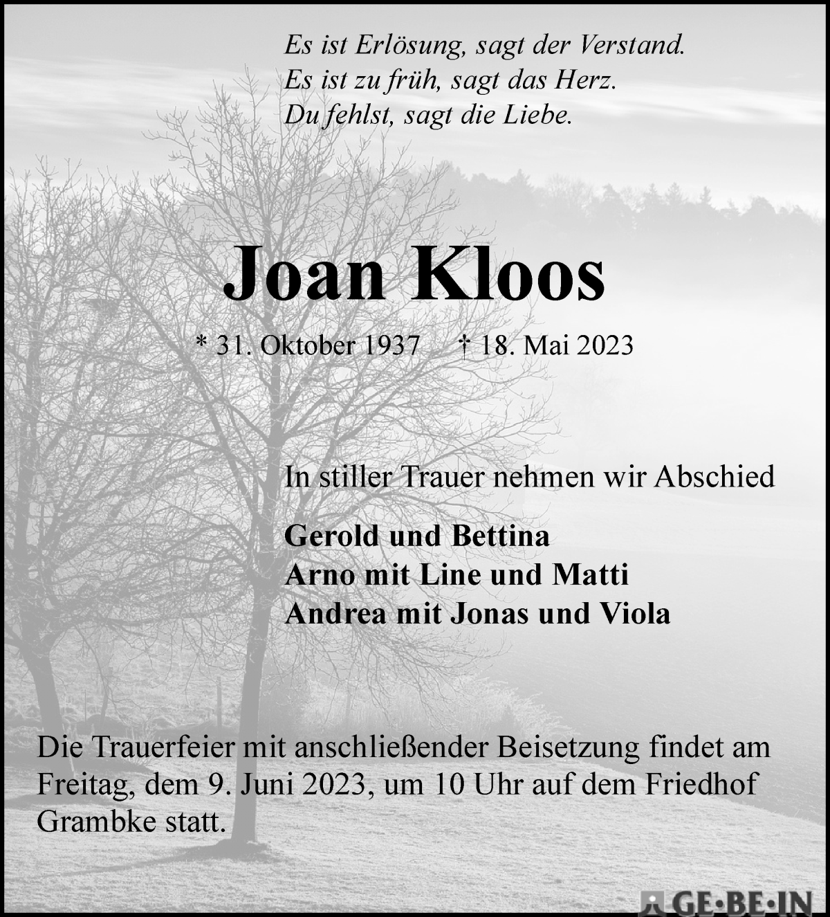 Traueranzeige von Joan Kloos von WESER-KURIER