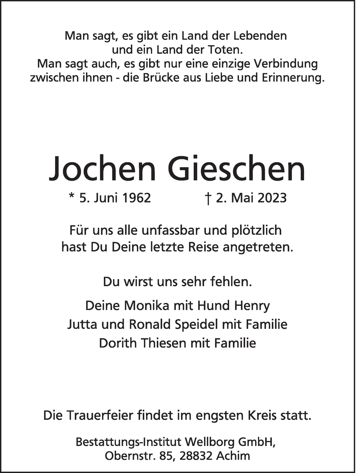 Traueranzeige von Jochen Gieschen von WESER-KURIER