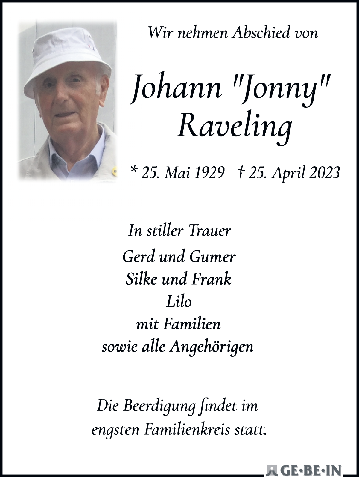 Traueranzeige von Johann Raveling von WESER-KURIER