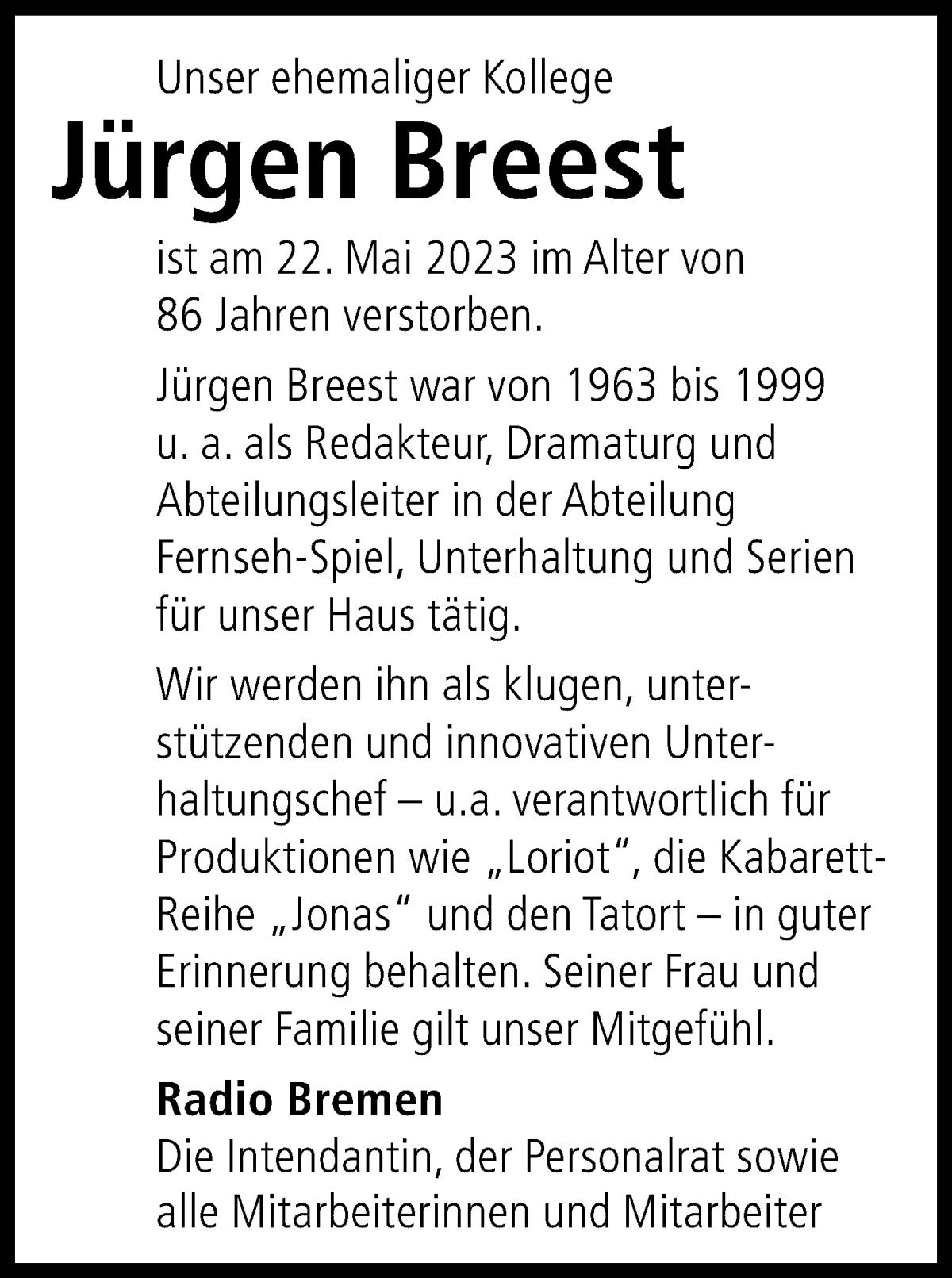 Traueranzeige von Jürgen Breest von WESER-KURIER