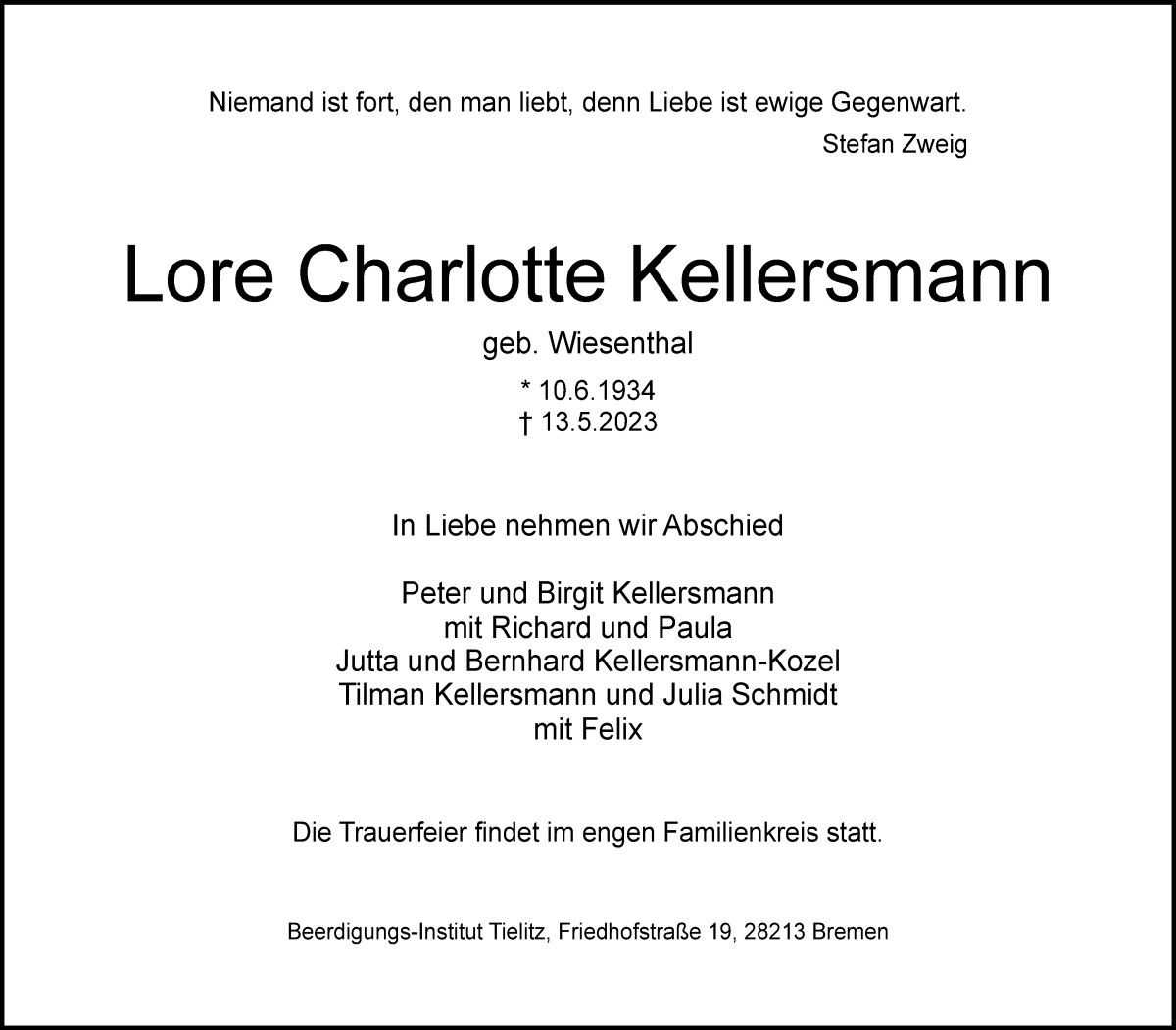 Traueranzeige von Lore Charlotte Kellersmann von WESER-KURIER