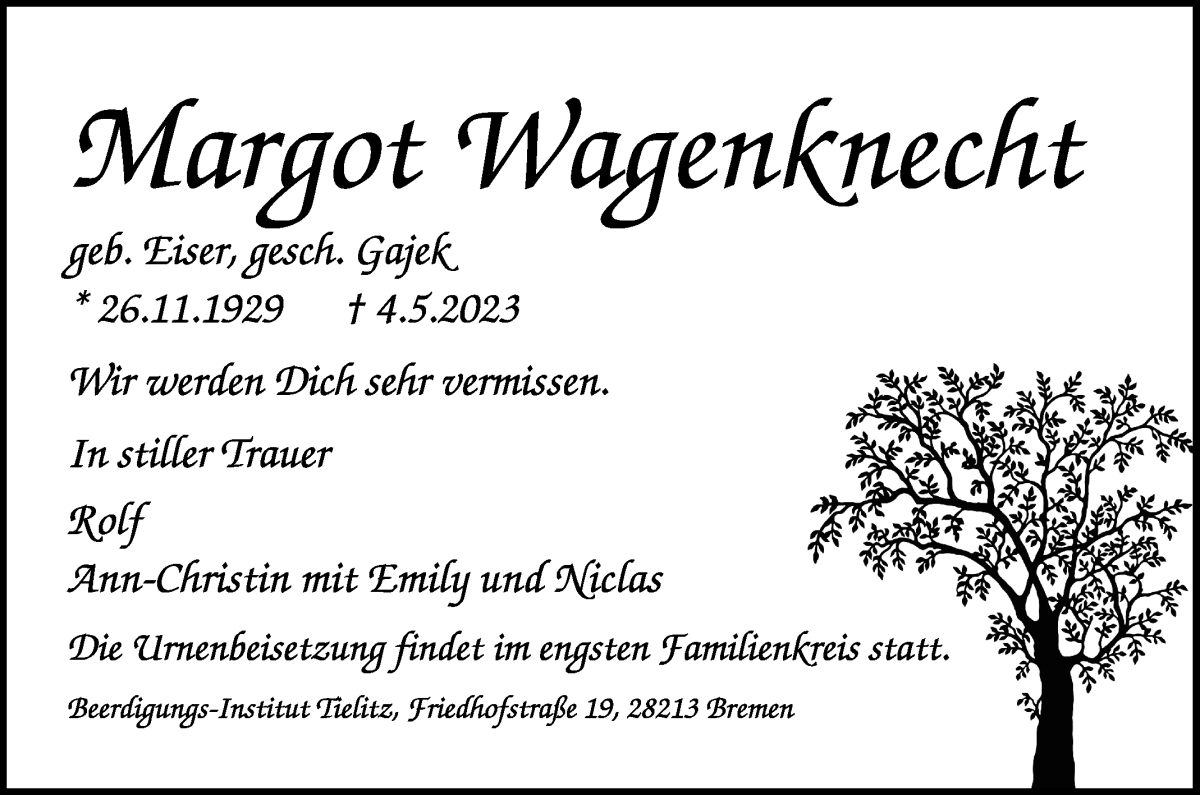 Traueranzeige von Margot Wagenknecht von WESER-KURIER