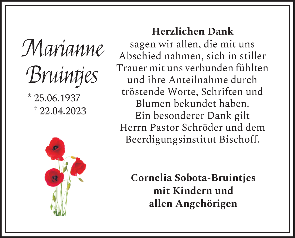 Traueranzeige von Marianne Bruintjes von Die Norddeutsche