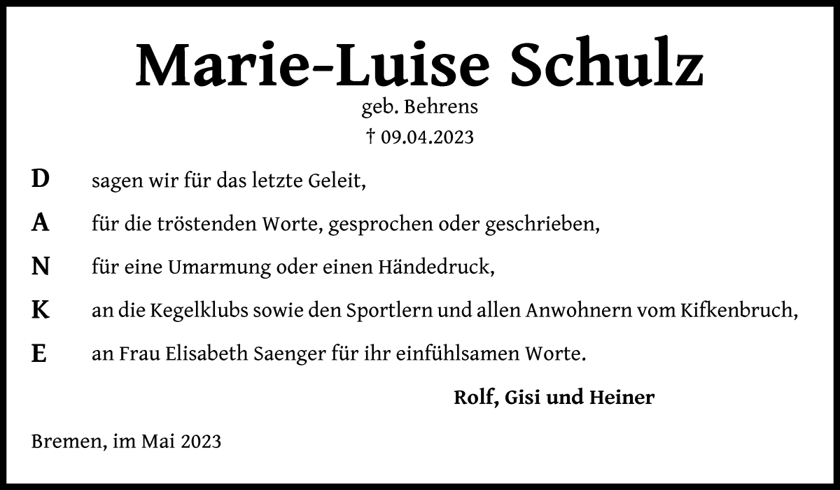 Traueranzeige von Marie-Luise Schulz von Die Norddeutsche