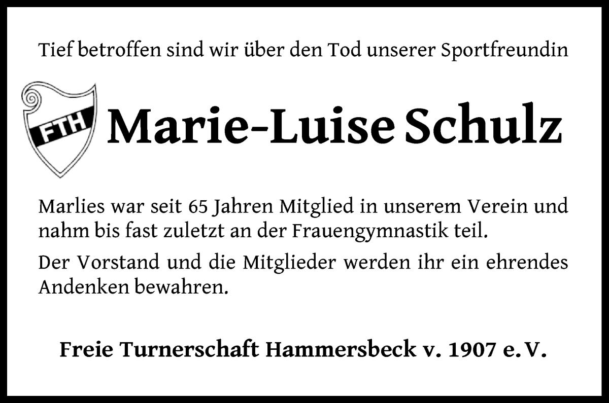 Traueranzeige von Marie-Luise Schulz von Die Norddeutsche