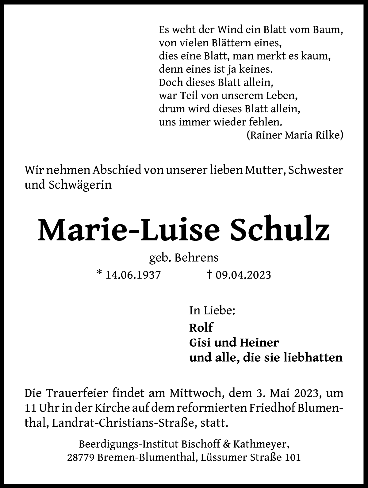 Traueranzeige von Marie-Luise Schulz von Die Norddeutsche