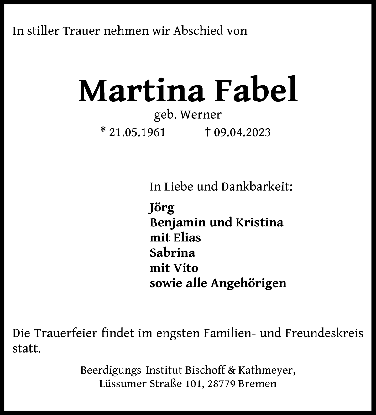 Traueranzeige von Martina Fabel von Die Norddeutsche