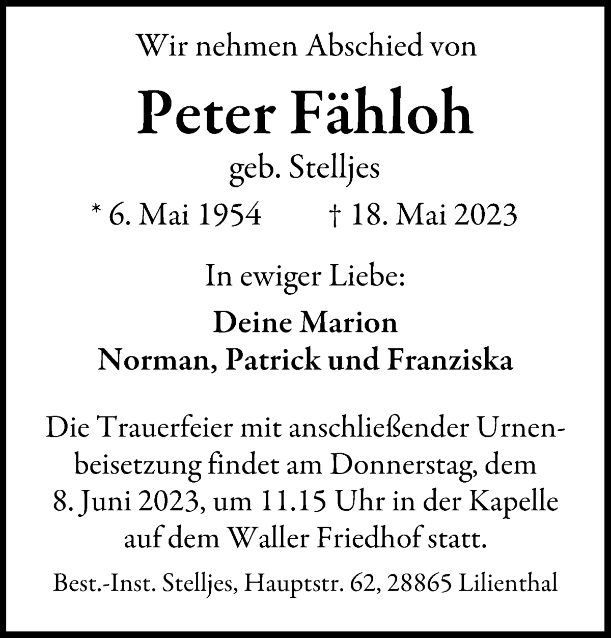Traueranzeige von Peter Fähloh von WESER-KURIER