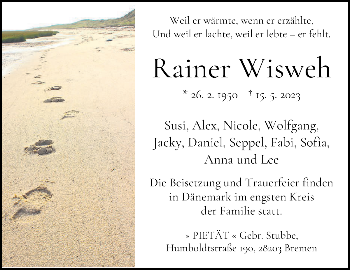 Traueranzeige von Rainer Wisweh von WESER-KURIER