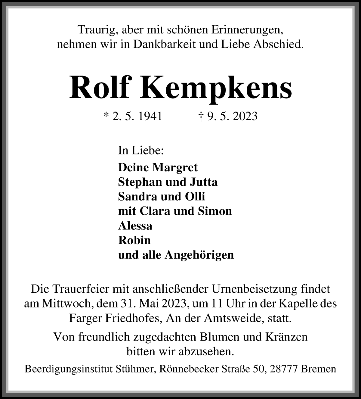 Traueranzeige von Rolf Kempkens von Die Norddeutsche