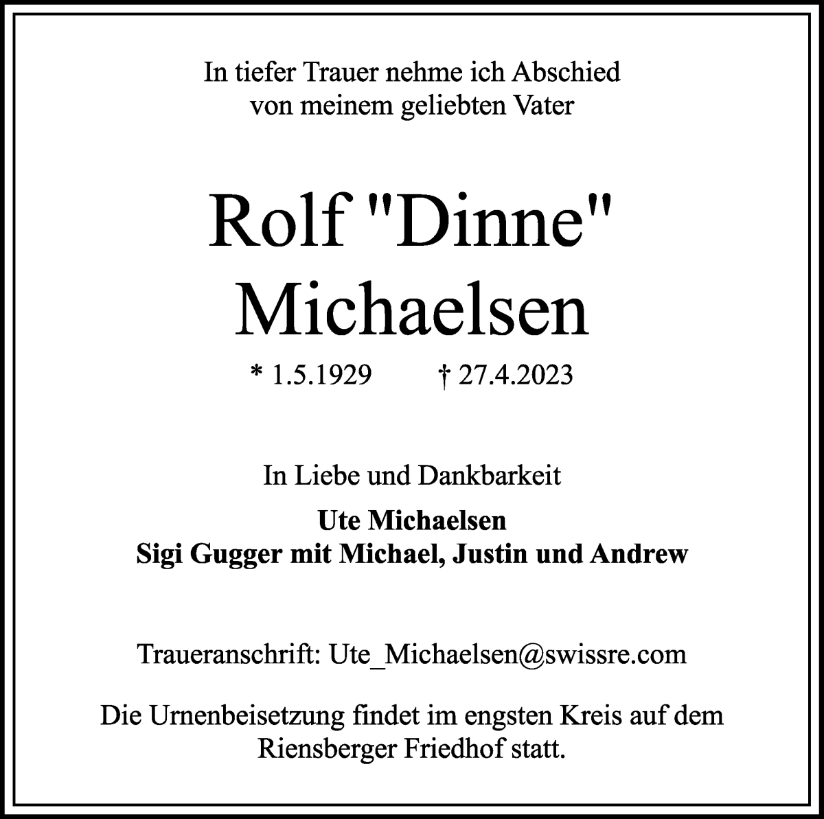 Traueranzeige von Rolf Michaelsen von WESER-KURIER