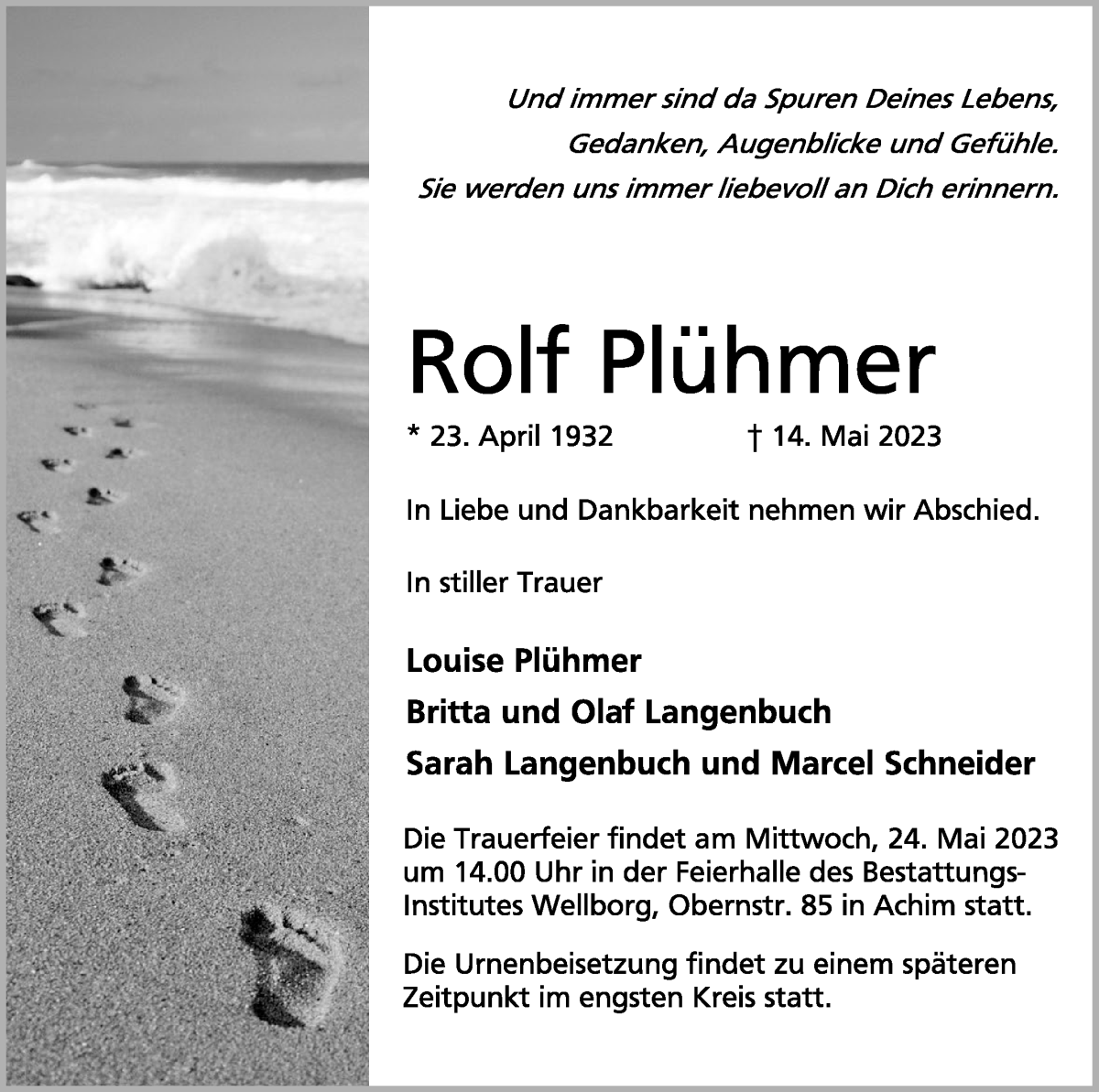 Traueranzeige von Rolf Plühmer von Achimer Kurier/Verdener Nachrichten