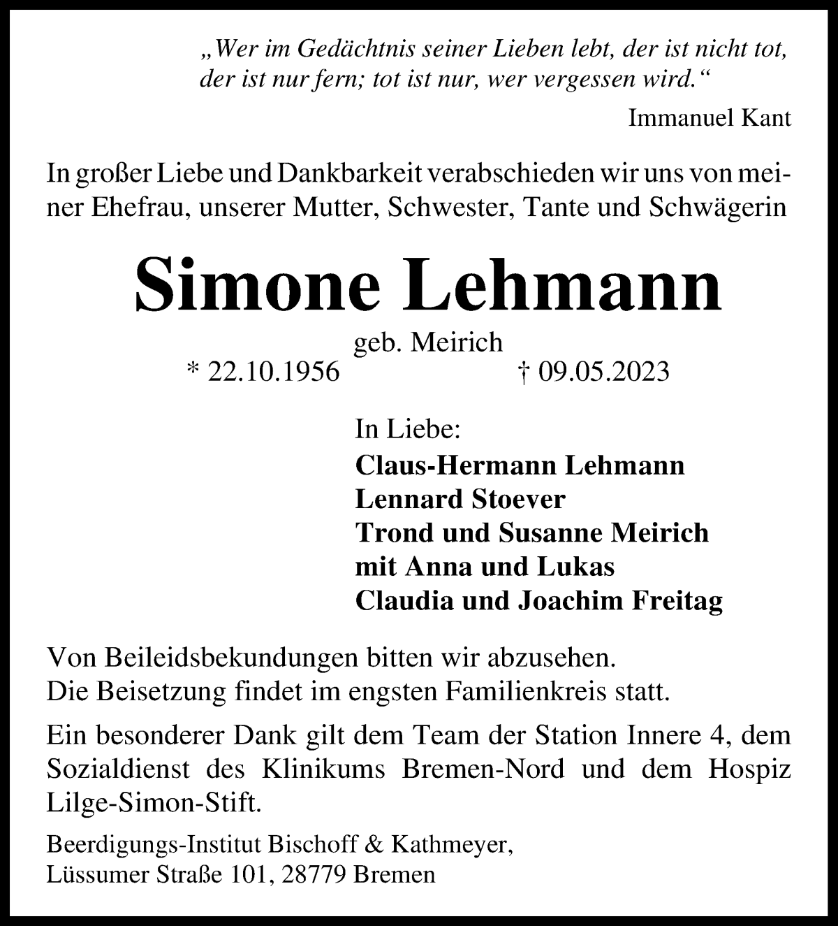 Traueranzeige von Simone Lehmann von Die Norddeutsche