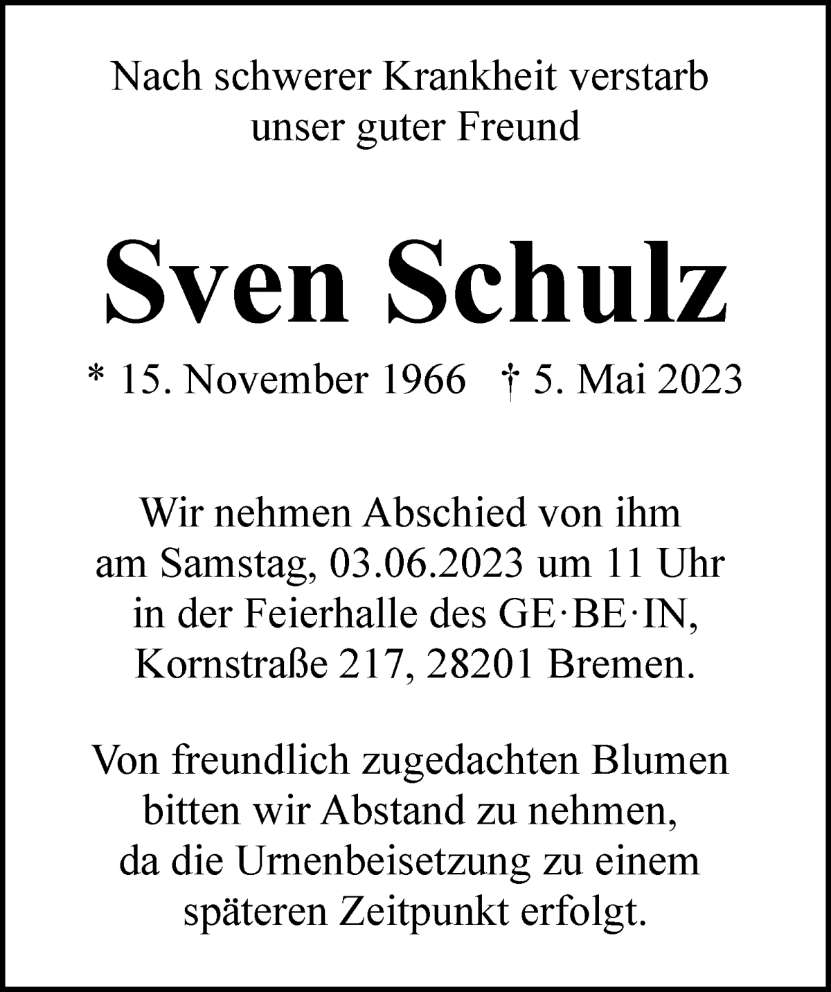 Traueranzeige von Sven Schulz von WESER-KURIER