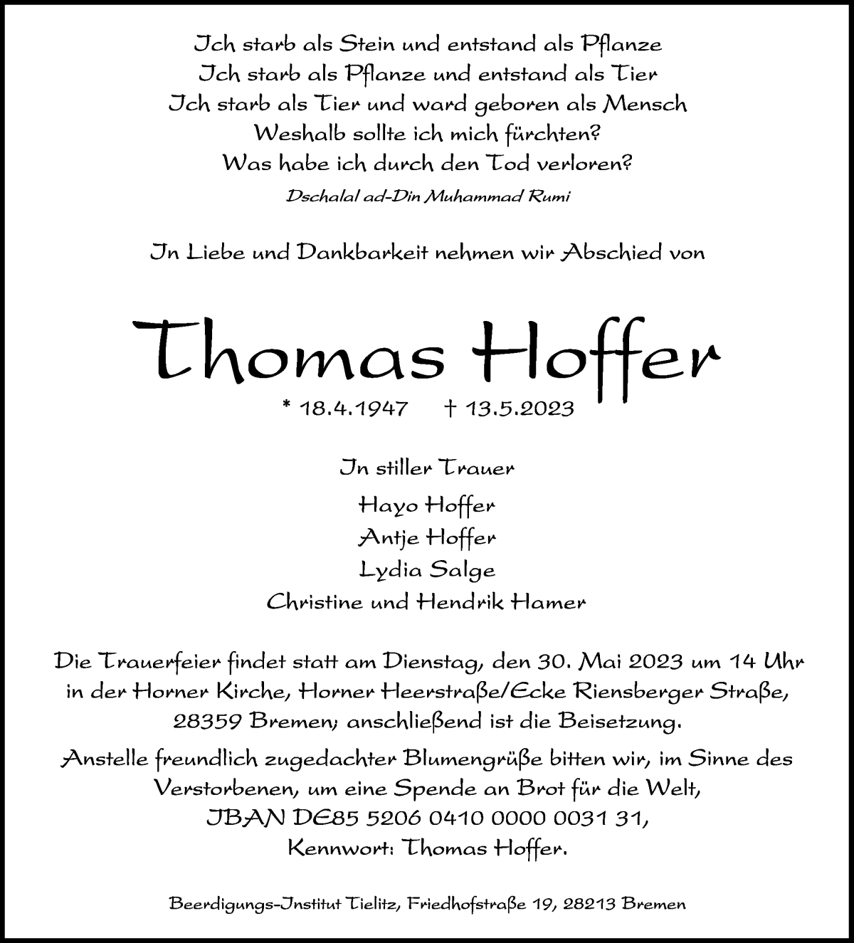 Traueranzeige von Thomas Hoffer von WESER-KURIER