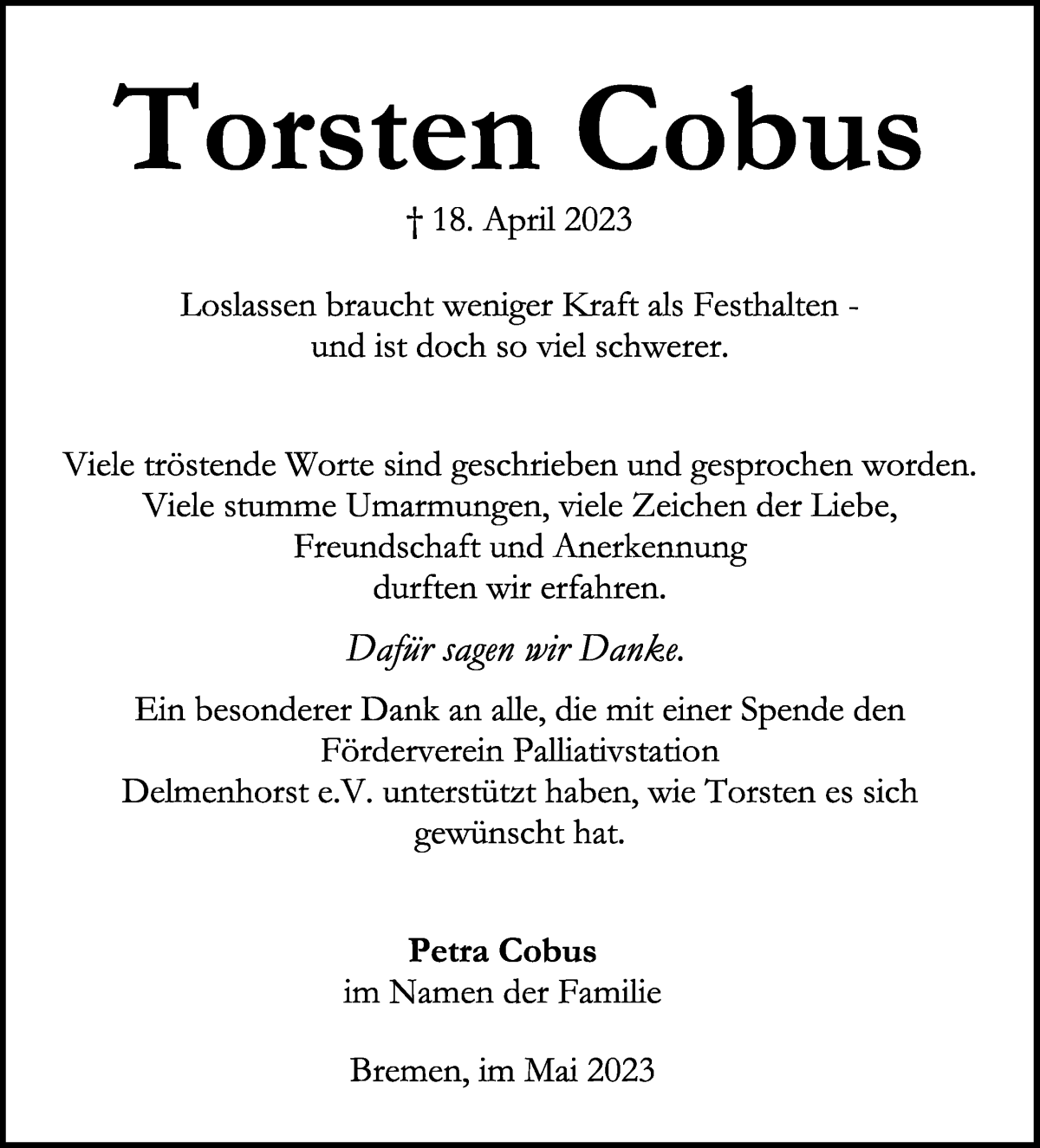 Traueranzeige von Torsten Cobus von WESER-KURIER